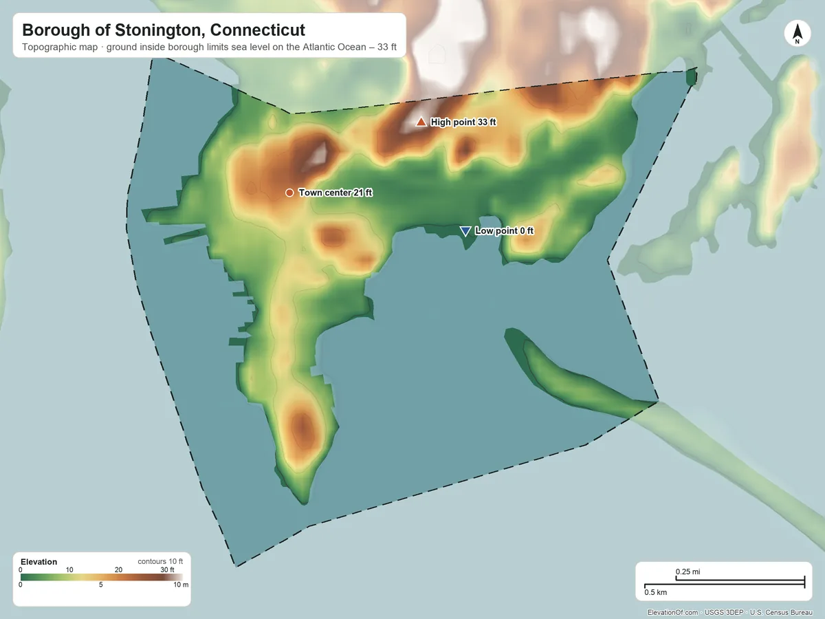Topographic elevation map of Borough of Stonington, Connecticut, shaded from sea level level on the Atlantic Ocean to 33 ft on the northeast side