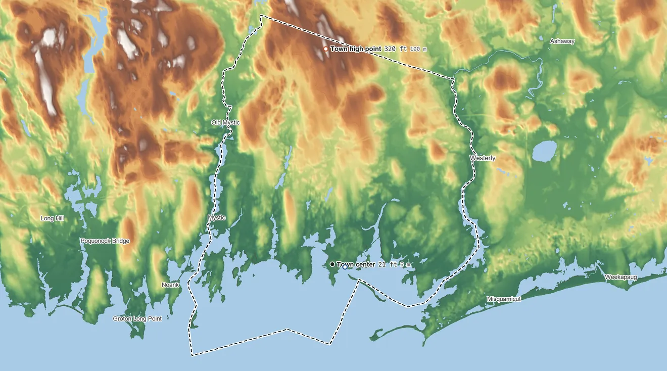 Topographic elevation map of Stonington, Connecticut, shaded from sea level level on the Atlantic Ocean to 320 ft on the north side