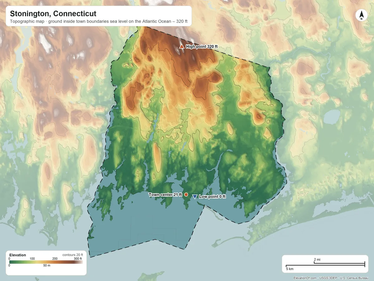 Topographic elevation map of Stonington, Connecticut, shaded from sea level level on the Atlantic Ocean to 320 ft on the north side