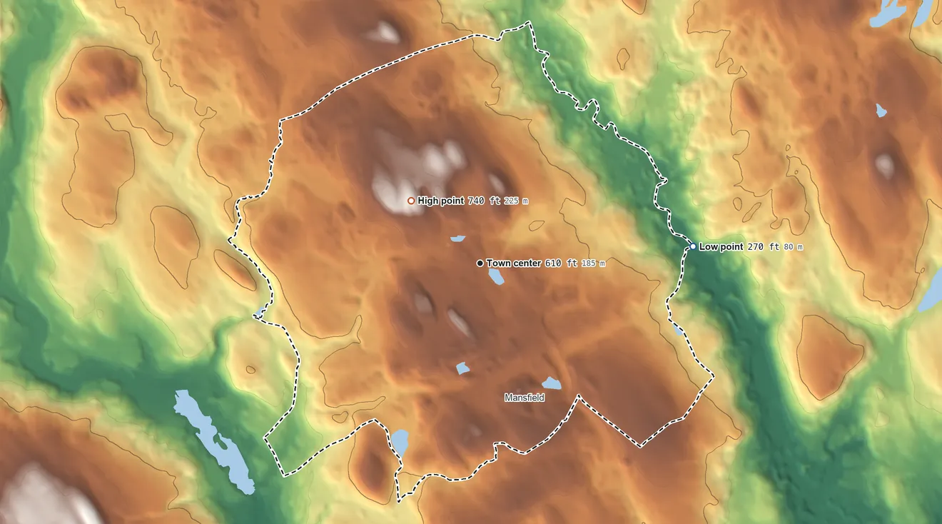 Topographic elevation map of Storrs, Connecticut, shaded from 270 ft on the east side to 740 ft on the northwest side
