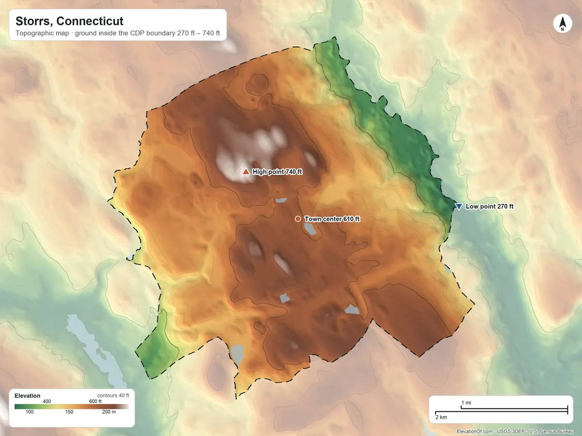 Topographic elevation map of Storrs, Connecticut, shaded from 270 ft on the east side to 740 ft on the northwest side