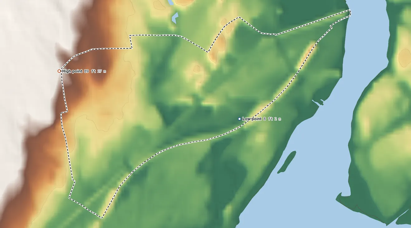 Topographic elevation map of Stratford Downtown, Connecticut, shaded from 8 ft on the east side to 89 ft on the west side