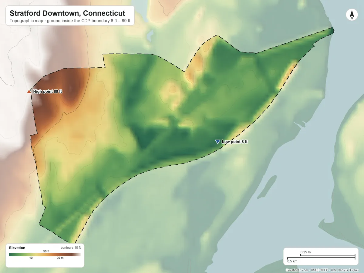 Topographic elevation map of Stratford Downtown, Connecticut, shaded from 8 ft on the east side to 89 ft on the west side