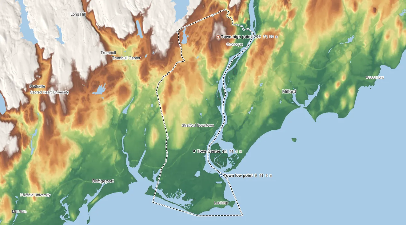 Topographic elevation map of Stratford, Connecticut, shaded from sea level level on the Holly Pond to 290 ft on the north side