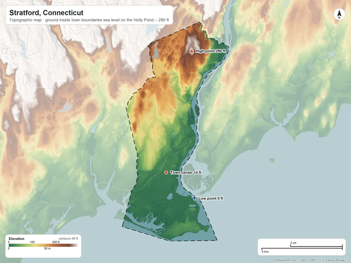 Topographic elevation map of Stratford, Connecticut, shaded from sea level level on the Holly Pond to 290 ft on the north side