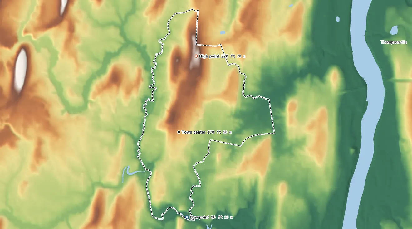 Topographic elevation map of Suffield Depot, Connecticut, shaded from 96 ft on the south side to 220 ft on the north side