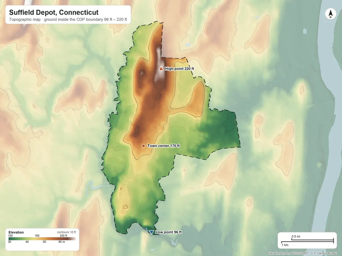 Topographic elevation map of Suffield Depot, Connecticut, shaded from 96 ft on the south side to 220 ft on the north side