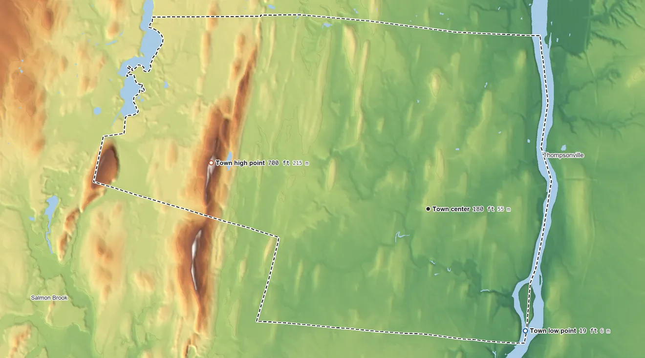 Topographic elevation map of Suffield, Connecticut, shaded from 19 ft on the southeast side to 700 ft on the west side
