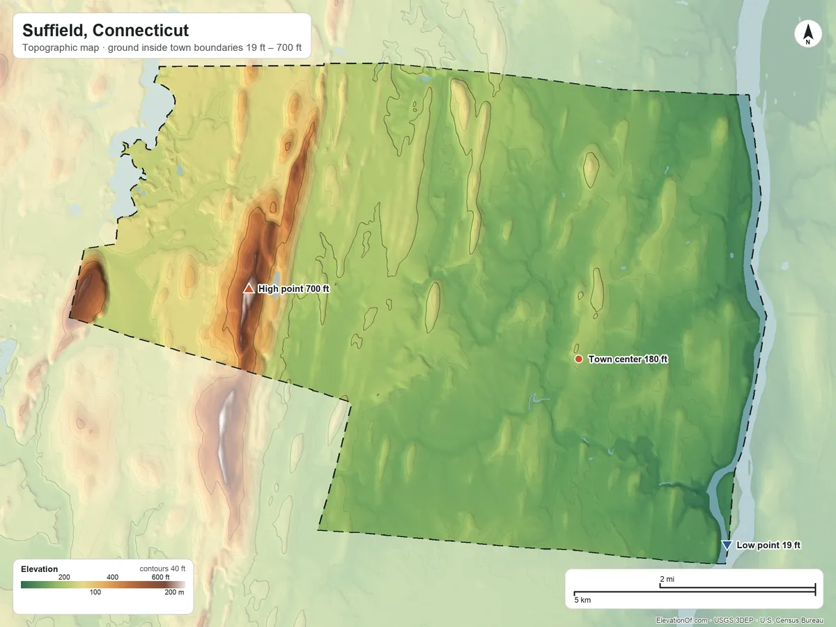 Topographic elevation map of Suffield, Connecticut, shaded from 19 ft on the southeast side to 700 ft on the west side