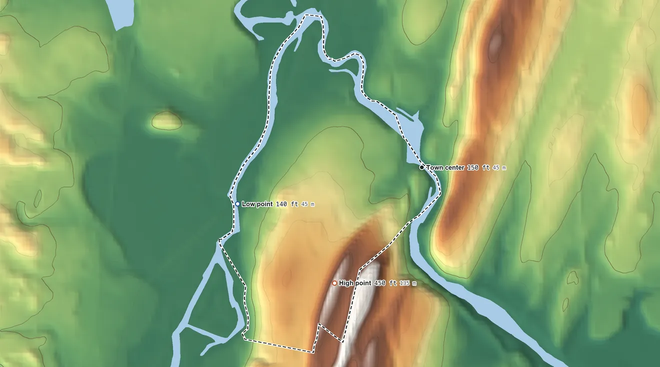 Topographic elevation map of Tariffville, Connecticut, shaded from 140 ft on the west side to 450 ft on the southwest edge, below higher ground just outside
