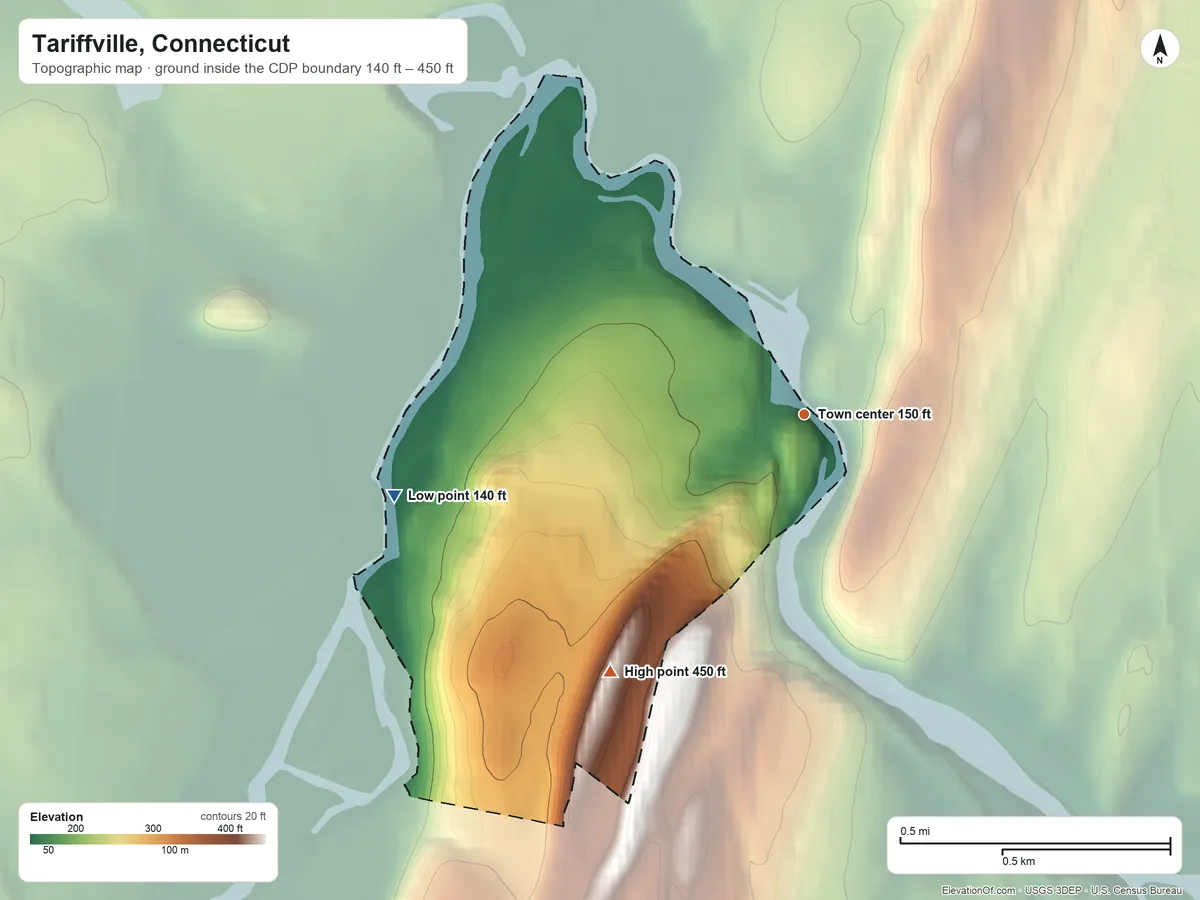 Topographic elevation map of Tariffville, Connecticut, shaded from 140 ft on the west side to 450 ft on the southwest edge, below higher ground just outside