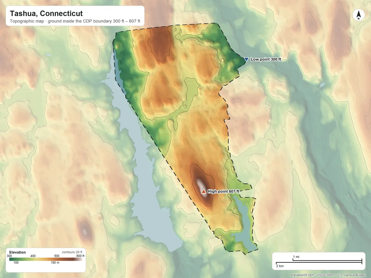 Topographic elevation map of Tashua, Connecticut, shaded from 300 ft on the northeast side to 607 ft on Tashua Hill