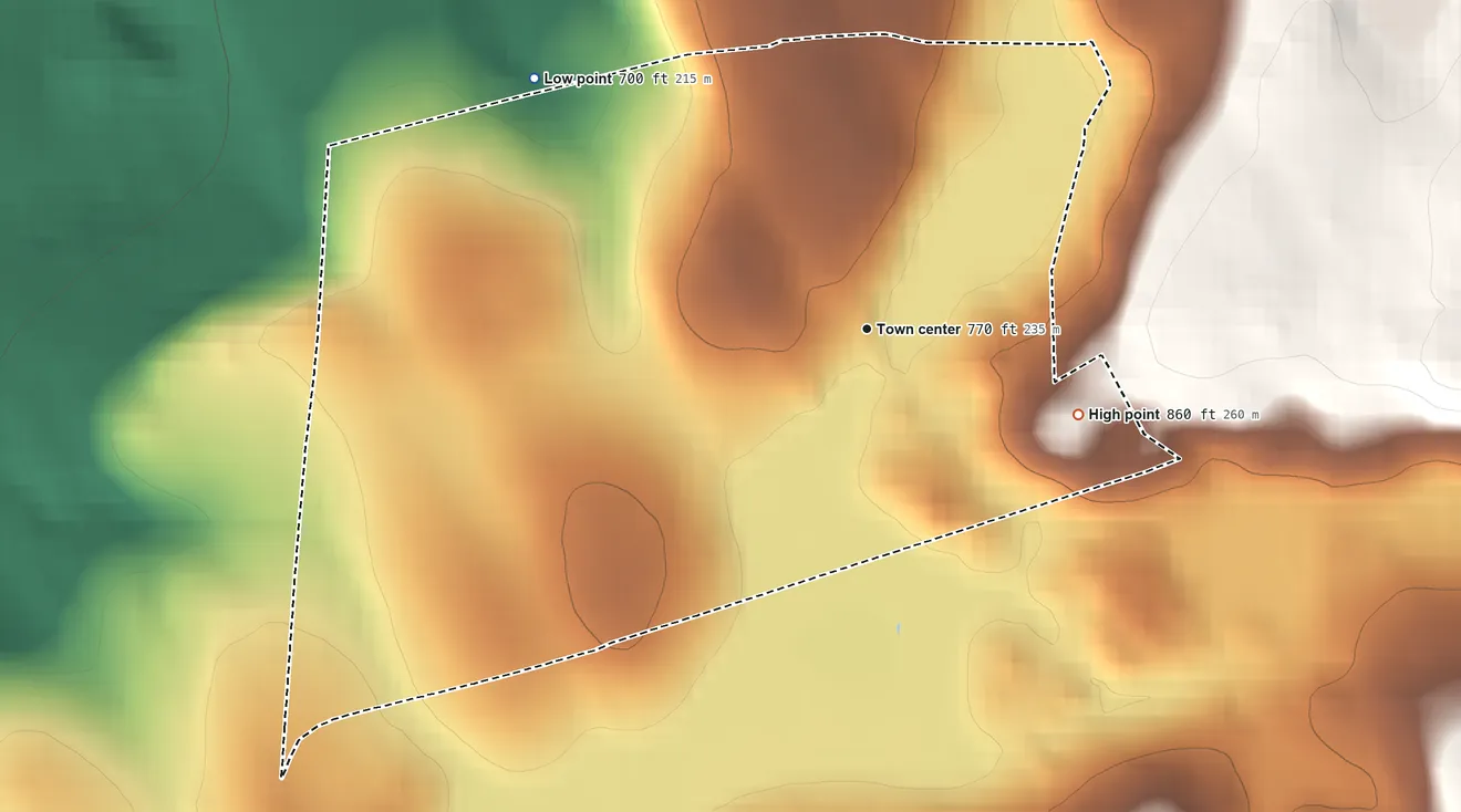 Topographic elevation map of Taylor Corners, Connecticut, shaded from 700 ft on the northwest side to 860 ft on the east side