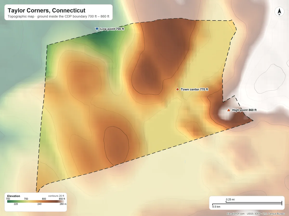 Topographic elevation map of Taylor Corners, Connecticut, shaded from 700 ft on the northwest side to 860 ft on the east side