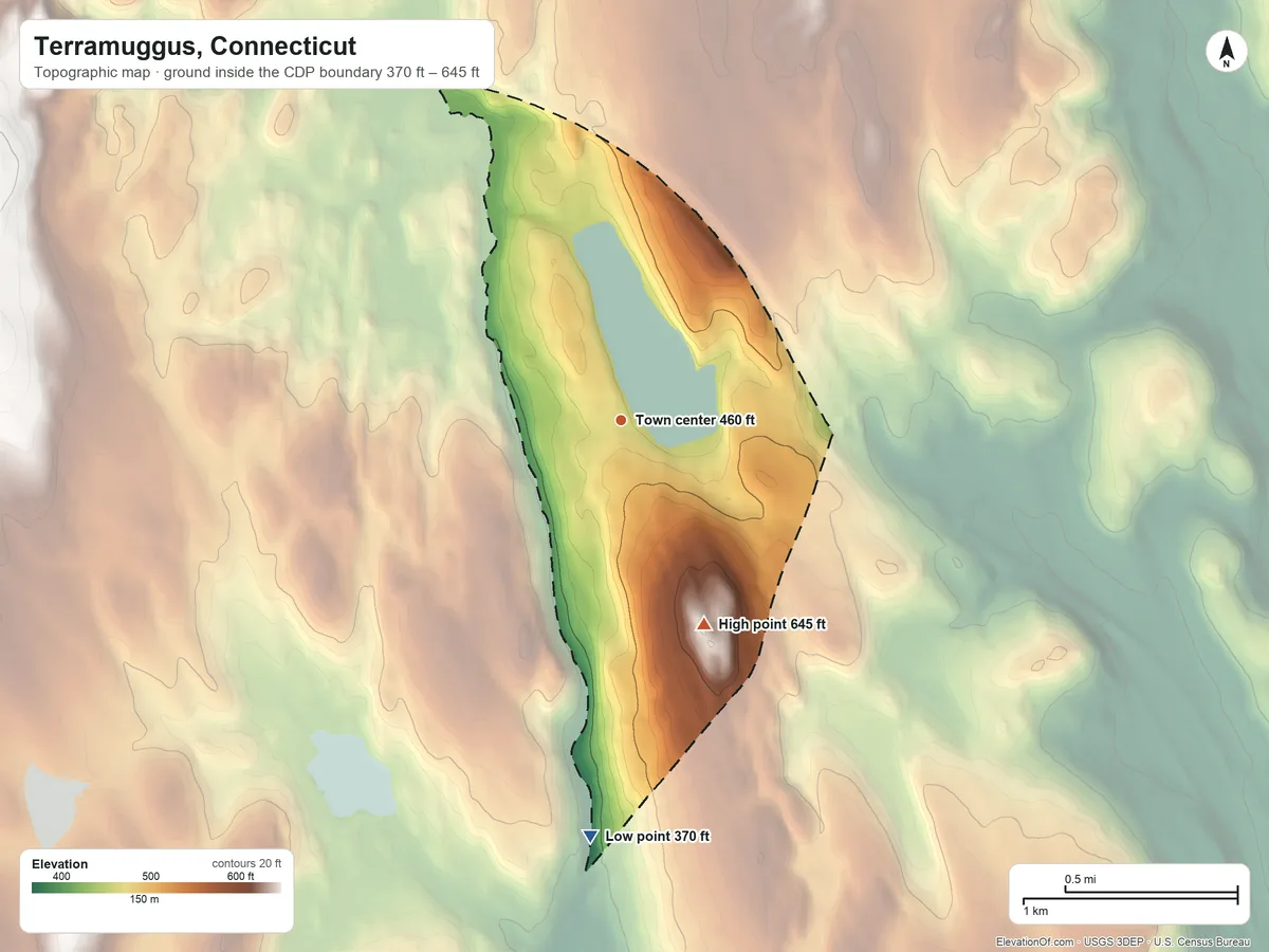 Topographic elevation map of Terramuggus, Connecticut, shaded from 370 ft on the south side to 645 ft on Carter Hill