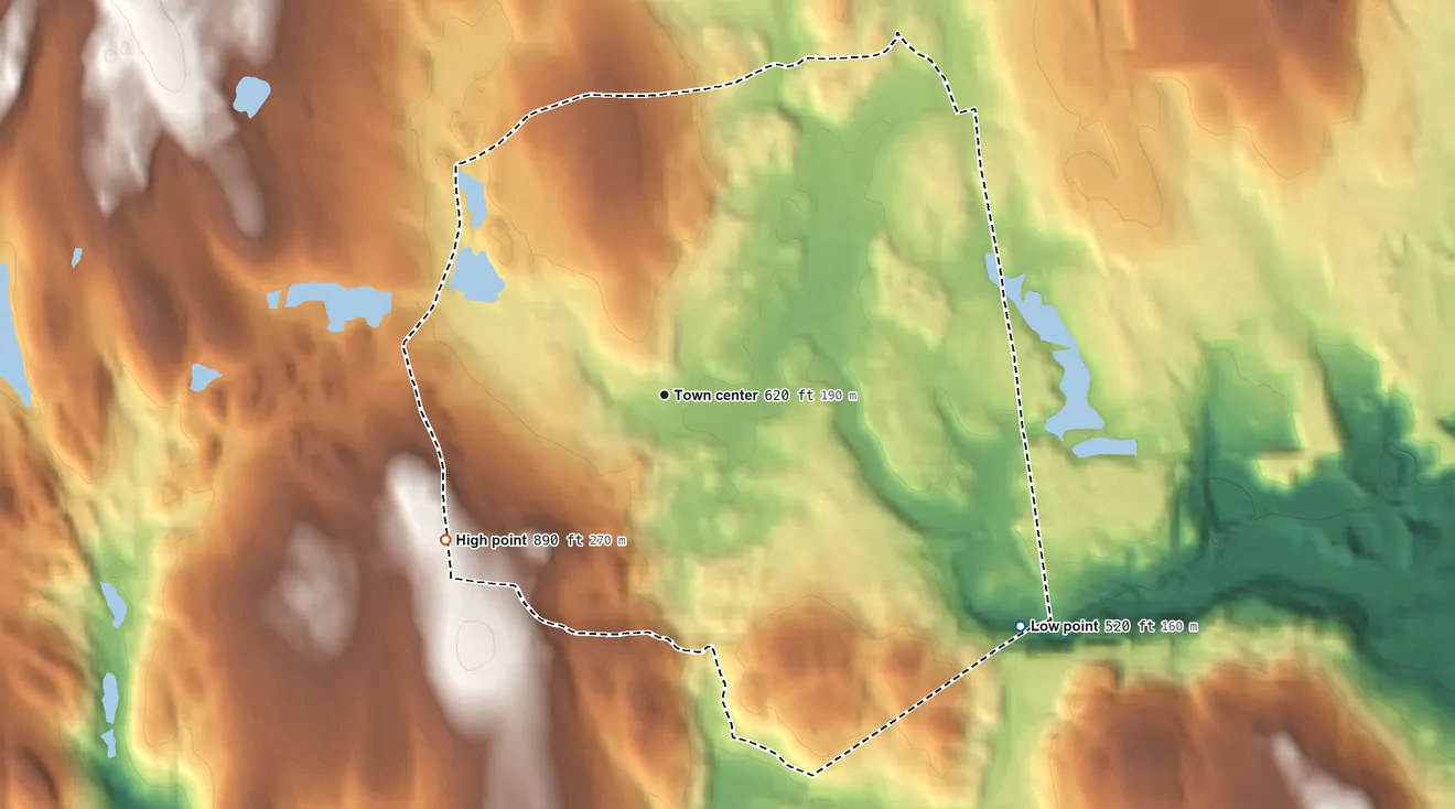 Topographic elevation map of Terryville, Connecticut, shaded from 520 ft on the southeast side to 890 ft on the southwest edge, below higher ground just outside