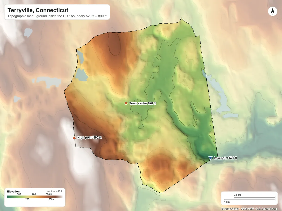 Topographic elevation map of Terryville, Connecticut, shaded from 520 ft on the southeast side to 890 ft on the southwest edge, below higher ground just outside