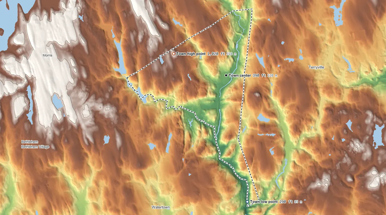 Topographic elevation map of Thomaston, Connecticut, shaded from 290 ft on the south side to 1,020 ft on Lattin Hill