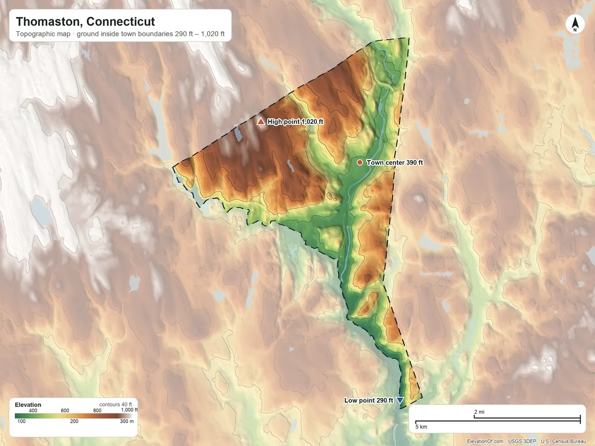 Topographic elevation map of Thomaston, Connecticut, shaded from 290 ft on the south side to 1,020 ft on Lattin Hill