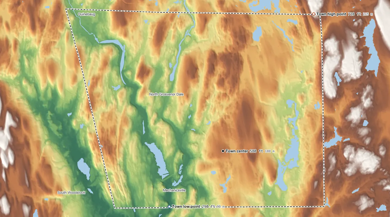 Topographic elevation map of Thompson, Connecticut, shaded from 290 ft on the southwest side to 710 ft on the northeast side