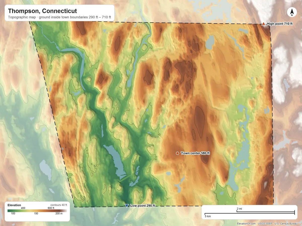 Topographic elevation map of Thompson, Connecticut, shaded from 290 ft on the southwest side to 710 ft on the northeast side