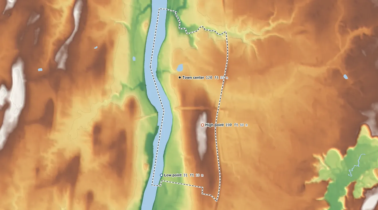 Topographic elevation map of Thompsonville, Connecticut, shaded from 31 ft on the south side to 190 ft on the southeast side