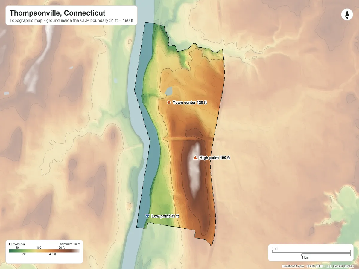Topographic elevation map of Thompsonville, Connecticut, shaded from 31 ft on the south side to 190 ft on the southeast side