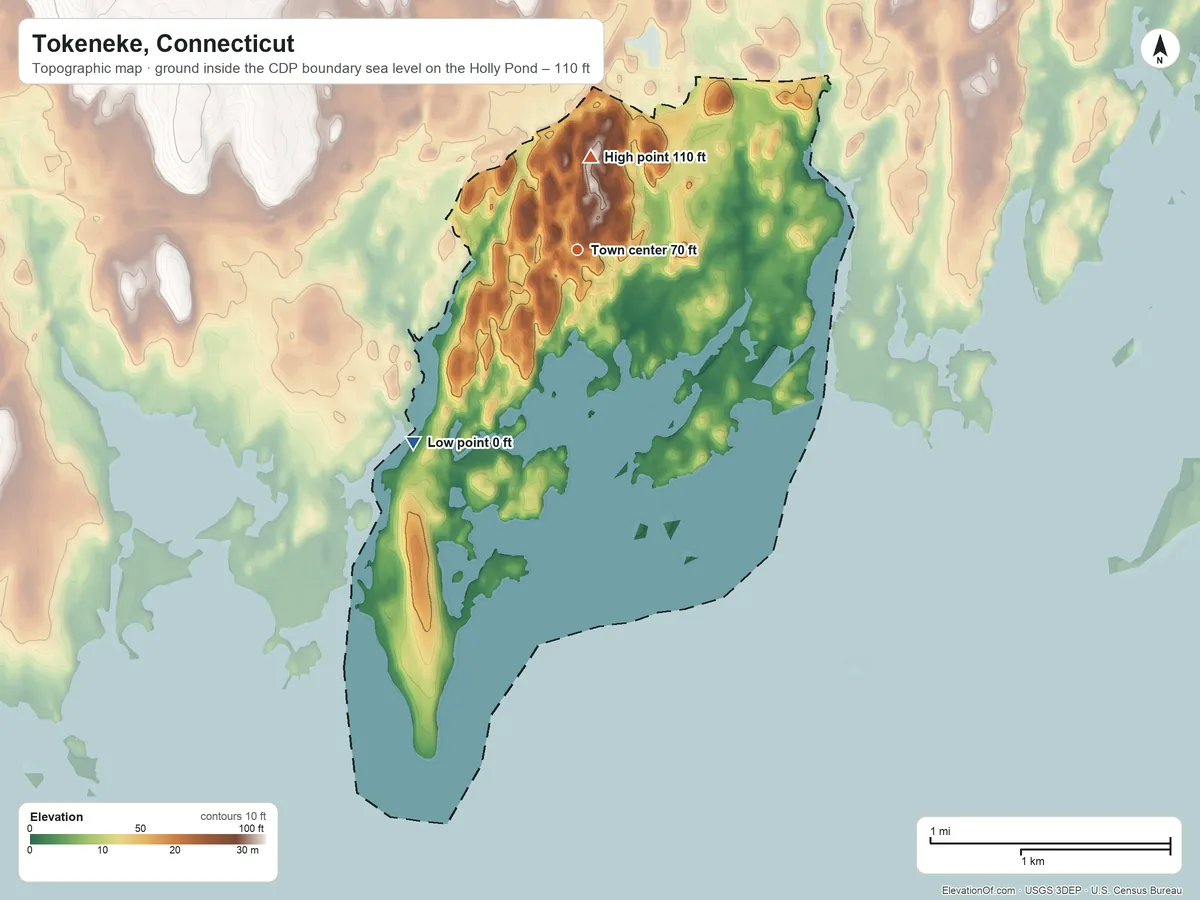 Topographic elevation map of Tokeneke, Connecticut, shaded from sea level level on the Holly Pond to 110 ft on the north side