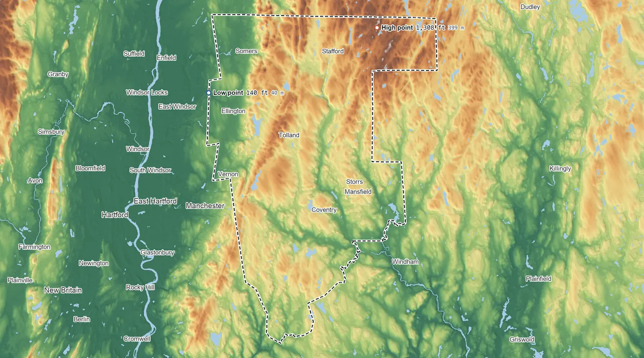 Topographic elevation map of Tolland County, Connecticut, shaded from 140 ft on the northwest side to 1,308 ft on Burley Hill