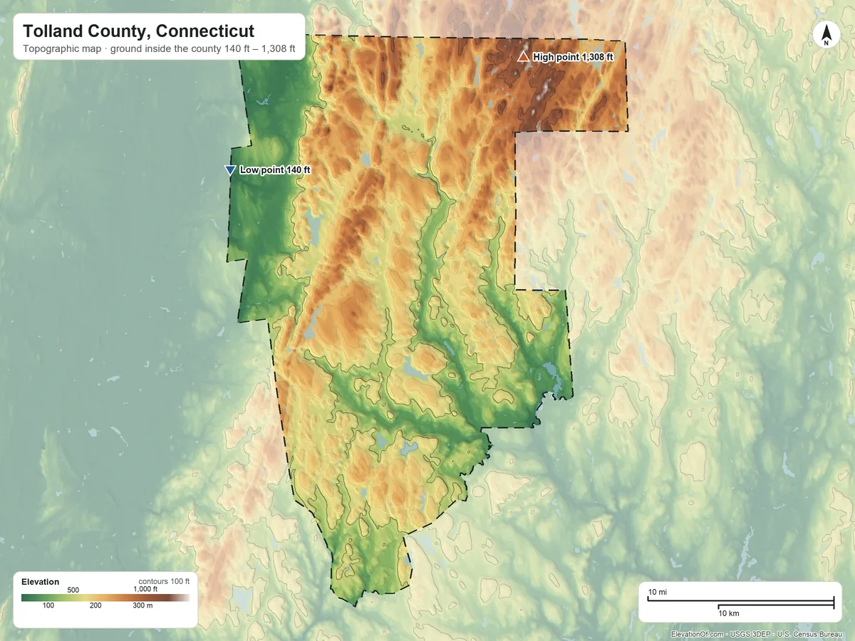 Topographic elevation map of Tolland County, Connecticut, shaded from 140 ft on the northwest side to 1,308 ft on Burley Hill