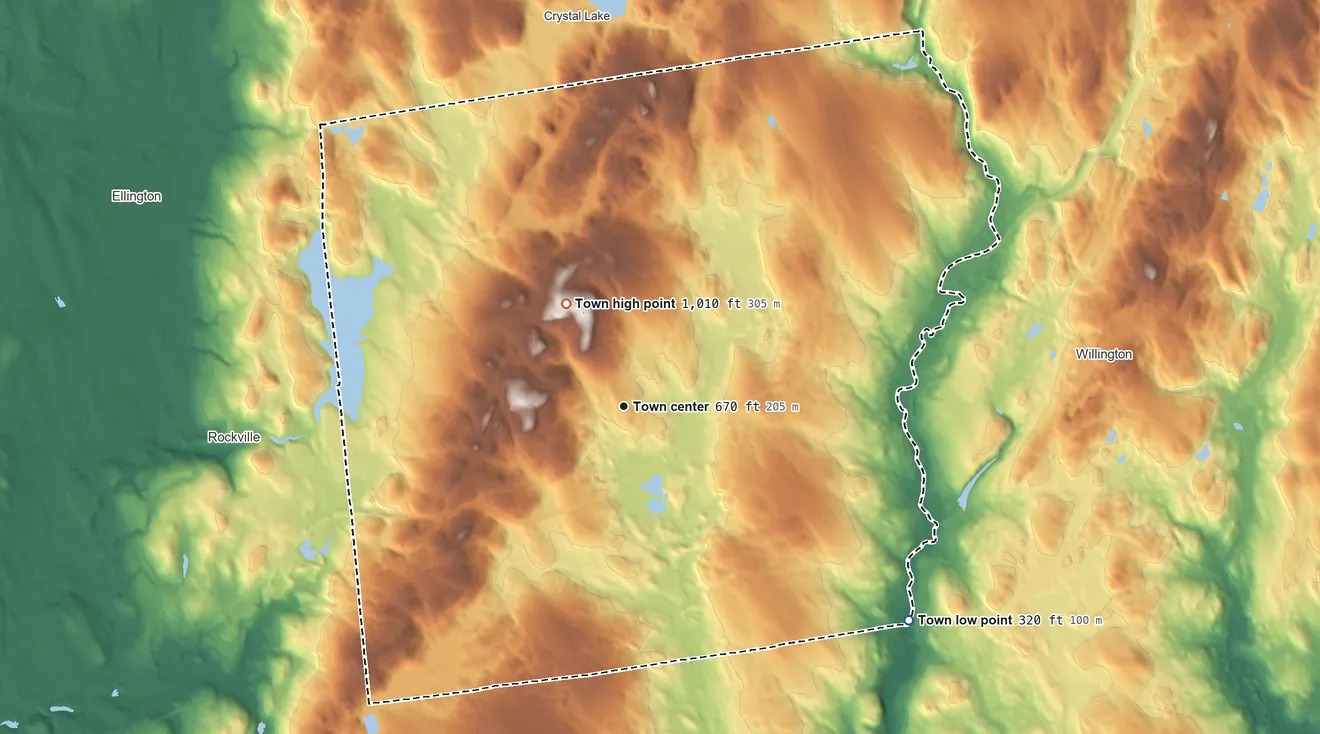 Topographic elevation map of Tolland, Connecticut, shaded from 320 ft on the southeast side to 1,010 ft on the northwest side
