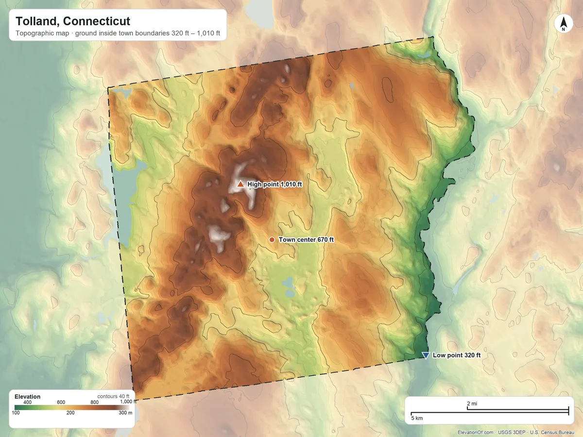 Topographic elevation map of Tolland, Connecticut, shaded from 320 ft on the southeast side to 1,010 ft on the northwest side