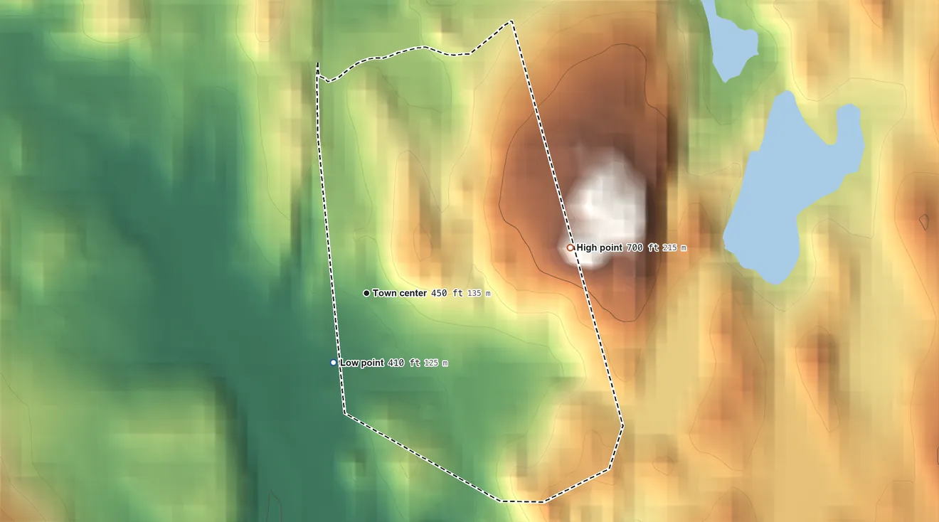 Topographic elevation map of Topstone, Connecticut, shaded from 410 ft on the southwest side to 700 ft on the east edge, below higher ground just outside