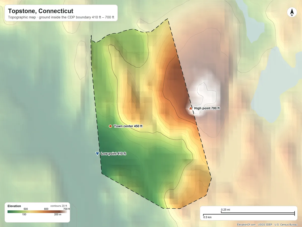 Topographic elevation map of Topstone, Connecticut, shaded from 410 ft on the southwest side to 700 ft on the east edge, below higher ground just outside