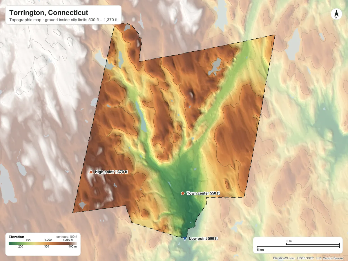 Topographic elevation map of Torrington, Connecticut, shaded from 500 ft on the south side to 1,370 ft on the west side