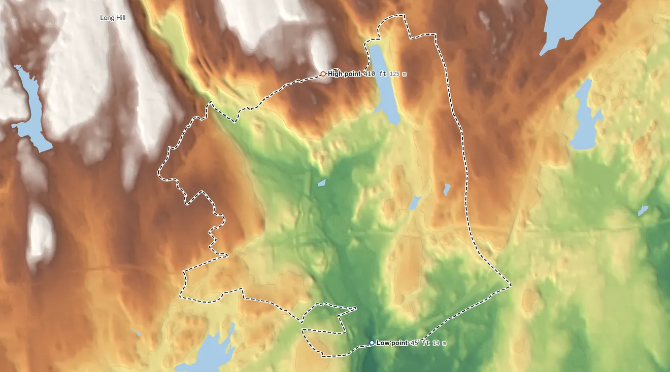 Topographic elevation map of Trumbull Center, Connecticut, shaded from 45 ft on the south side to 410 ft on the north side
