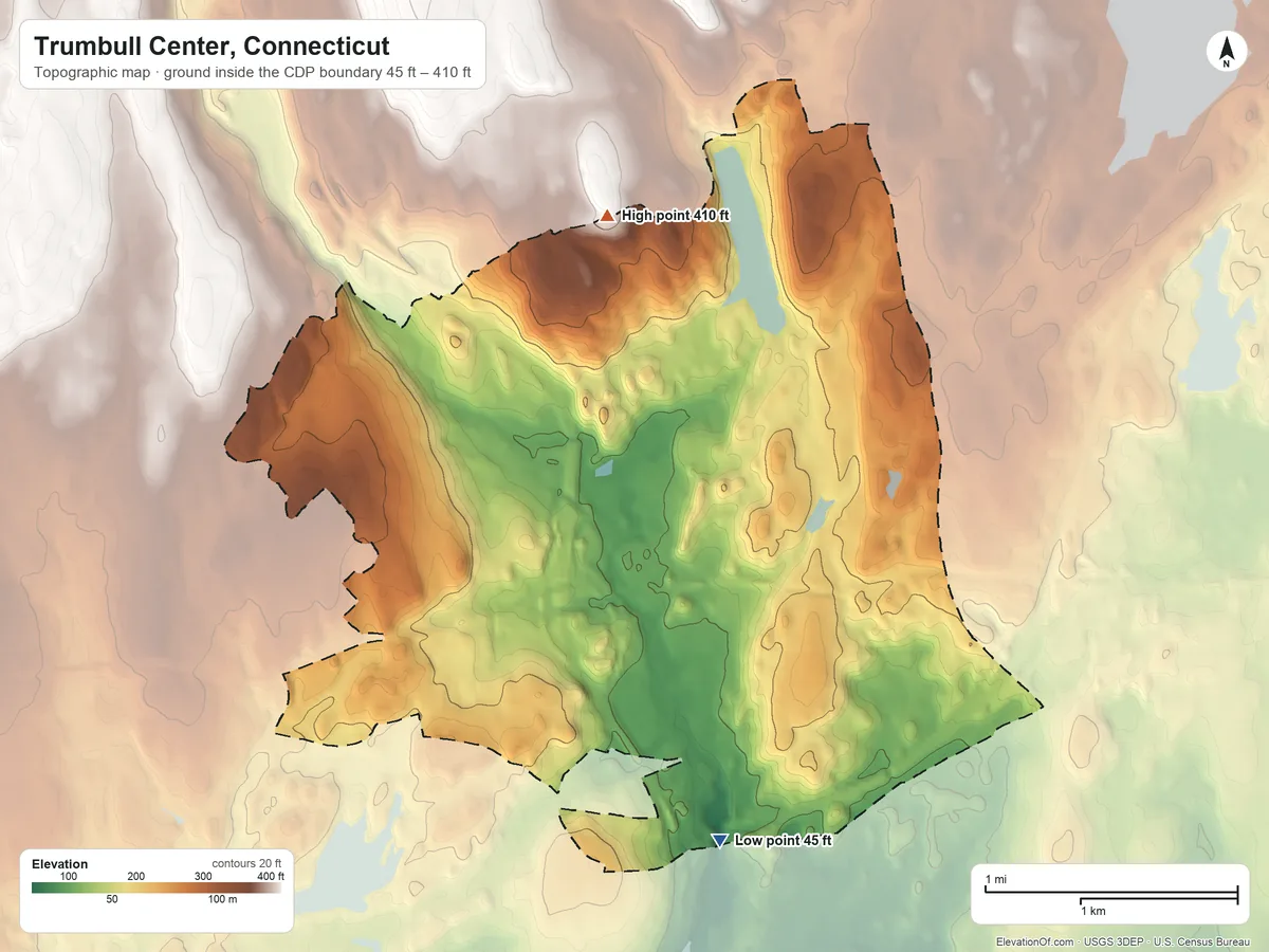 Topographic elevation map of Trumbull Center, Connecticut, shaded from 45 ft on the south side to 410 ft on the north side