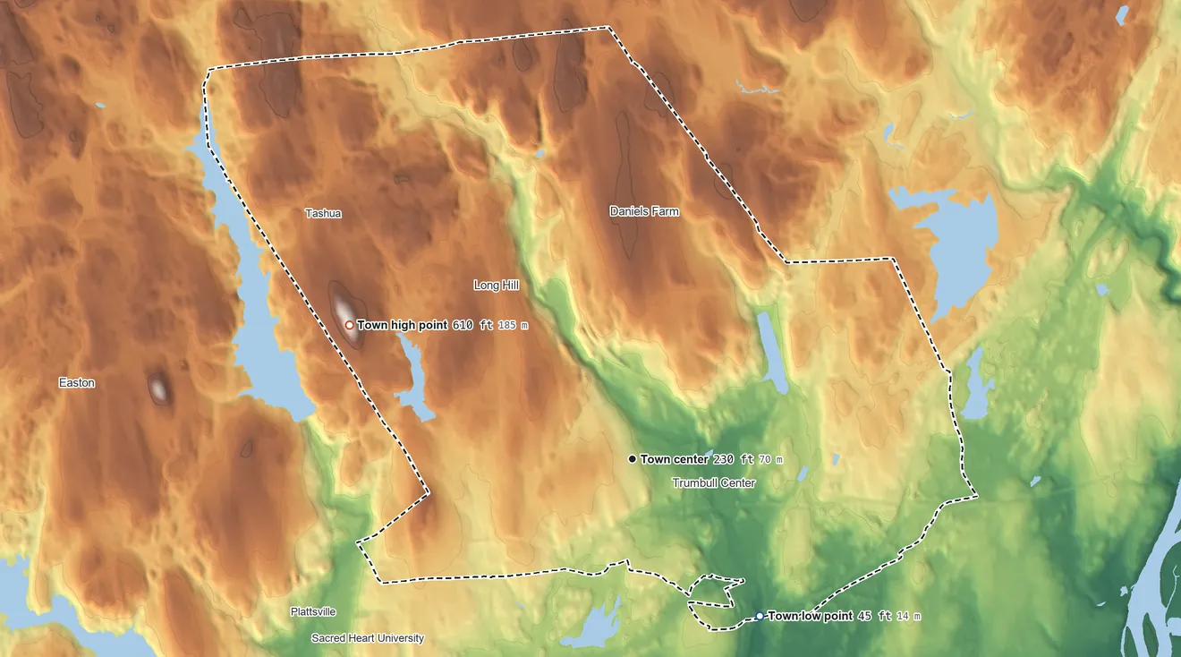 Topographic elevation map of Trumbull, Connecticut, shaded from 45 ft on the southeast side to 607 ft on Tashua Hill