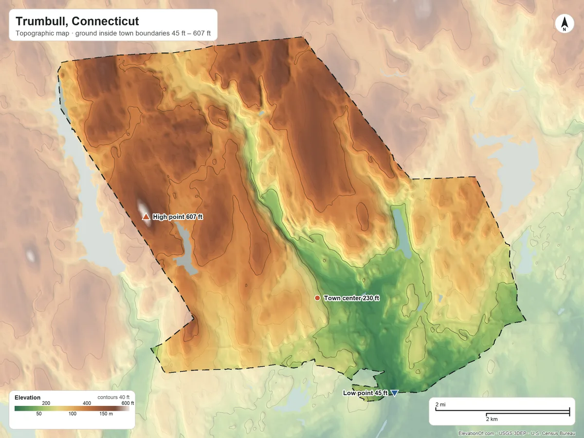Topographic elevation map of Trumbull, Connecticut, shaded from 45 ft on the southeast side to 607 ft on Tashua Hill