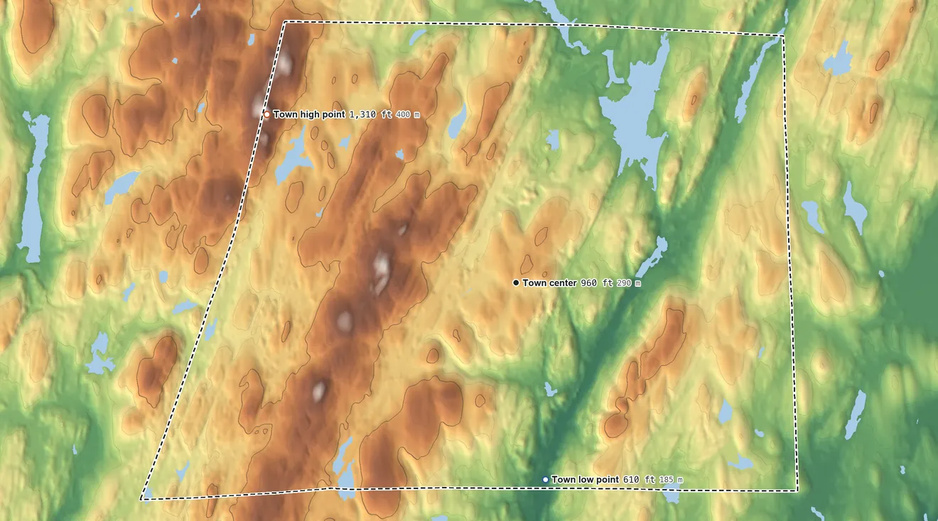 Topographic elevation map of Union, Connecticut, shaded from 610 ft on the south side to 1,308 ft on Burley Hill