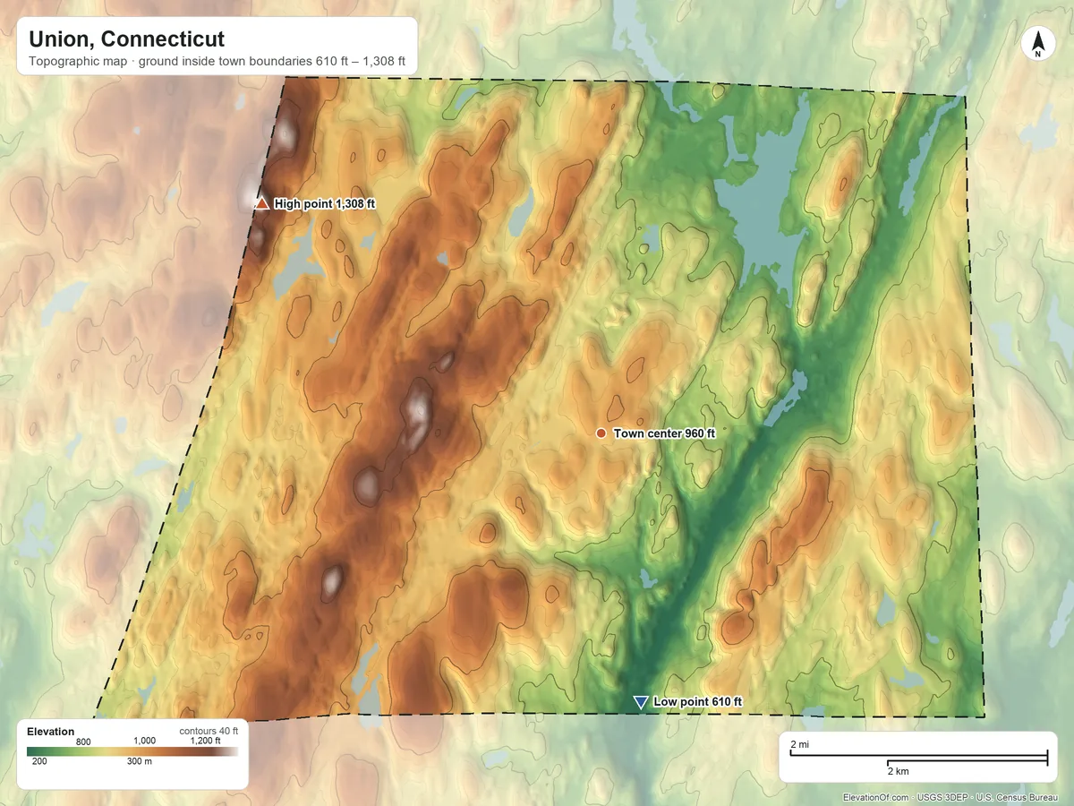 Topographic elevation map of Union, Connecticut, shaded from 610 ft on the south side to 1,308 ft on Burley Hill