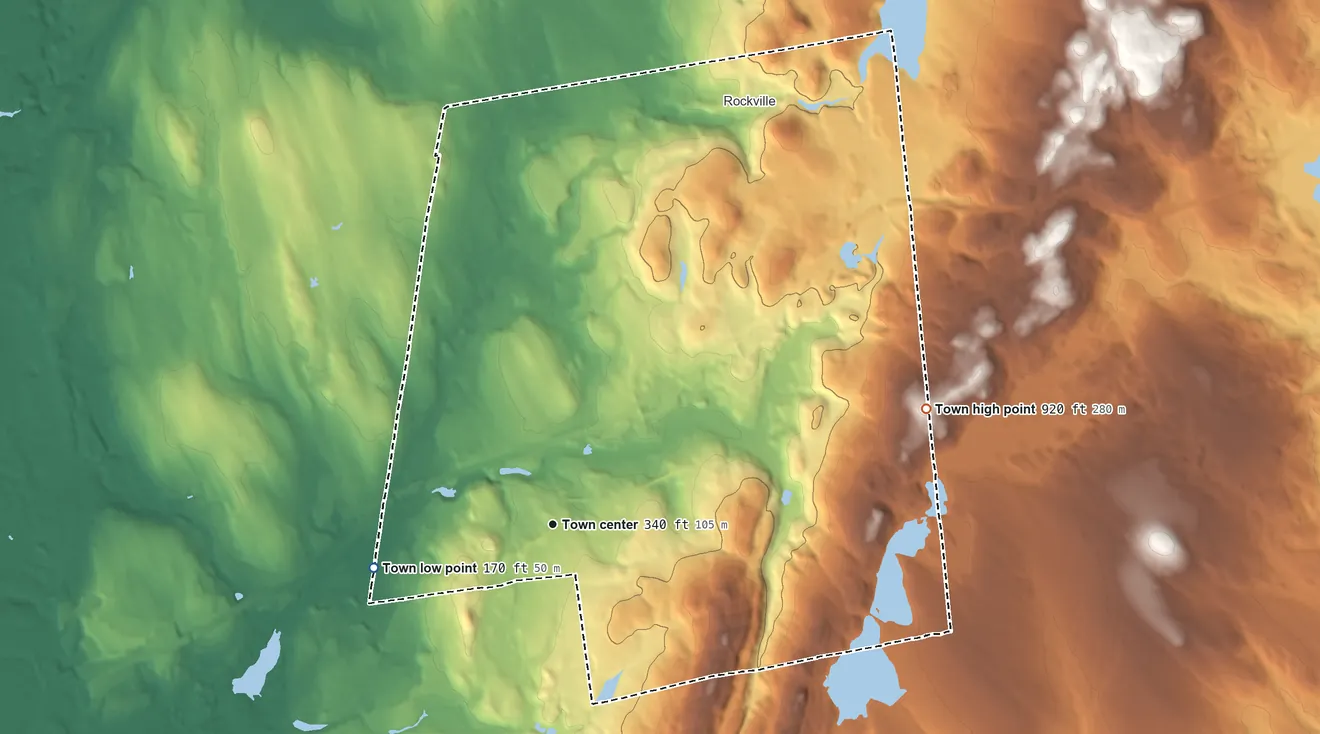 Topographic elevation map of Vernon, Connecticut, shaded from 170 ft on the west side to 920 ft on the east side