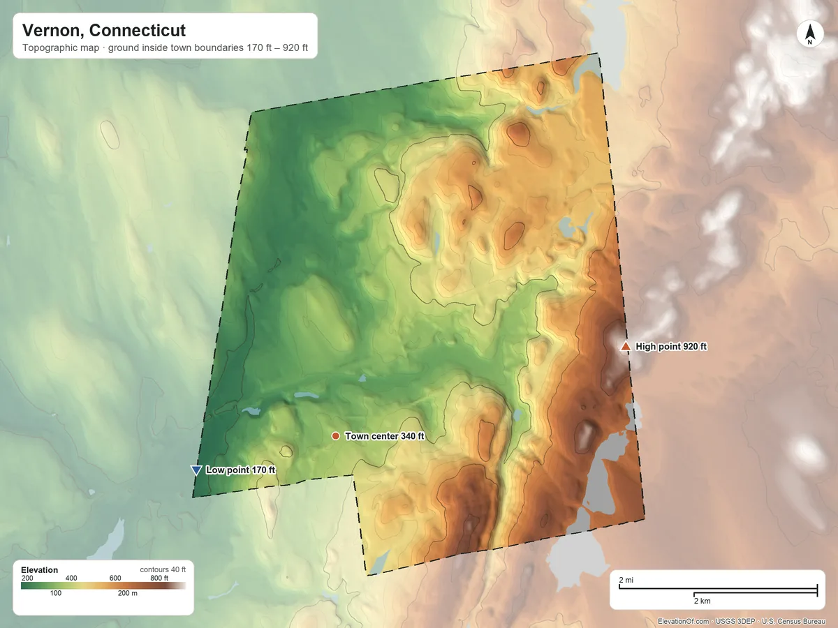 Topographic elevation map of Vernon, Connecticut, shaded from 170 ft on the west side to 920 ft on the east side