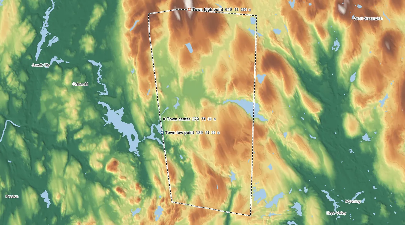 Topographic elevation map of Voluntown, Connecticut, shaded from 180 ft near the middle to 640 ft on the north side
