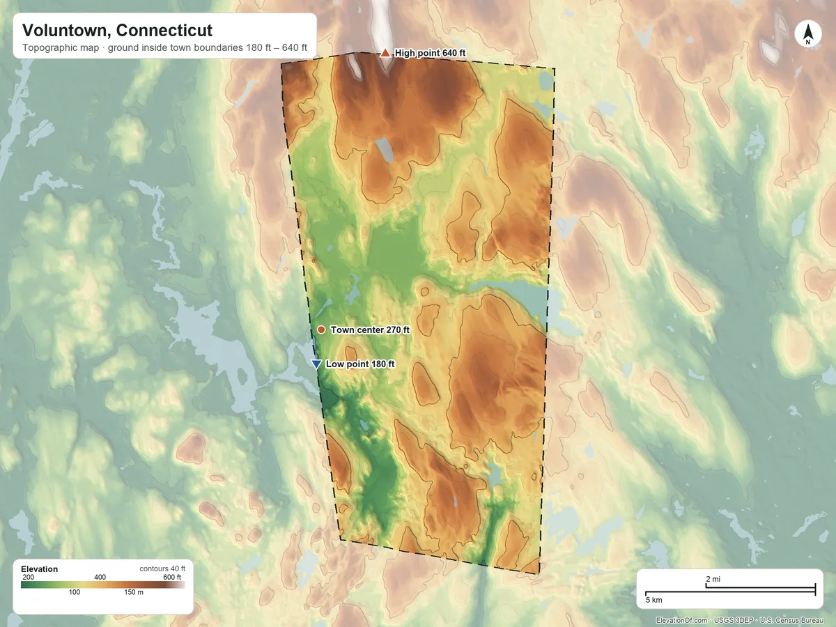 Topographic elevation map of Voluntown, Connecticut, shaded from 180 ft near the middle to 640 ft on the north side