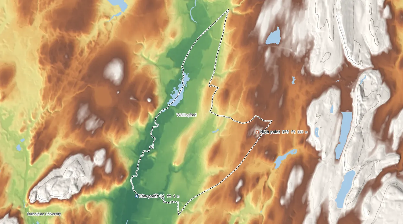 Topographic elevation map of Wallingford Center, Connecticut, shaded from 14 ft on the southwest side to 370 ft on the east side