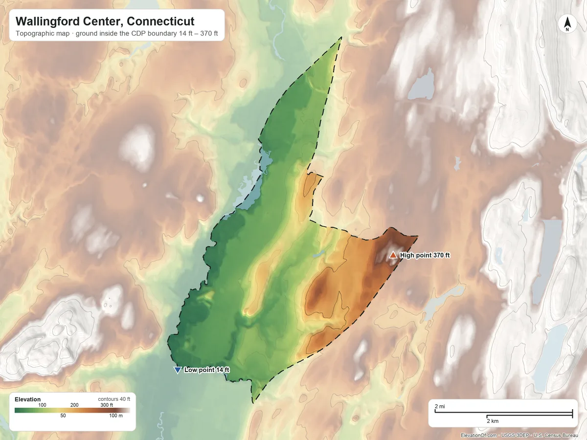 Topographic elevation map of Wallingford Center, Connecticut, shaded from 14 ft on the southwest side to 370 ft on the east side