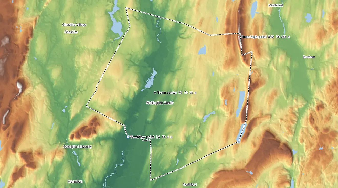 Topographic elevation map of Wallingford, Connecticut, shaded from 14 ft on the southwest side to 840 ft on Beseck Mountain