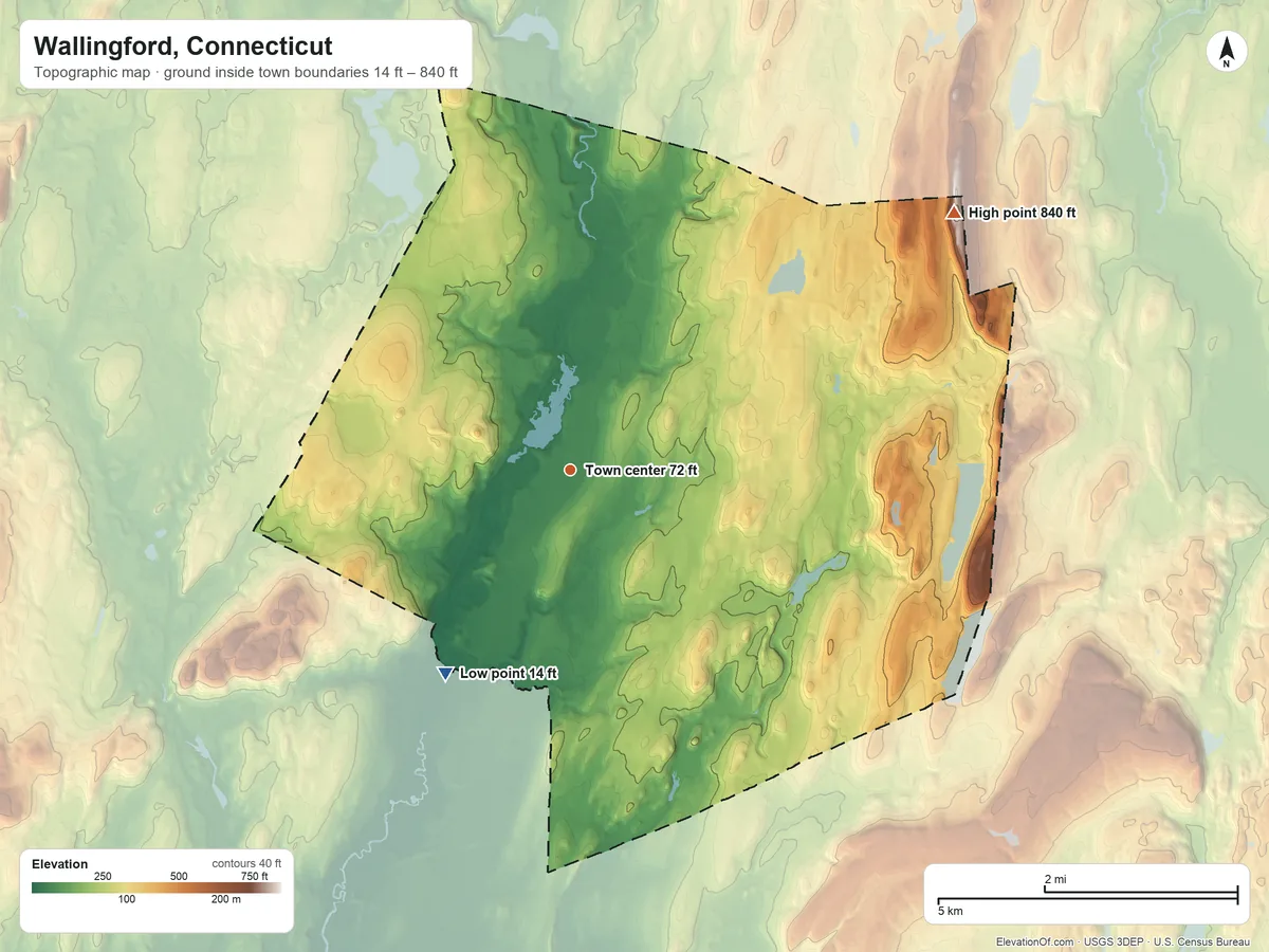Topographic elevation map of Wallingford, Connecticut, shaded from 14 ft on the southwest side to 840 ft on Beseck Mountain