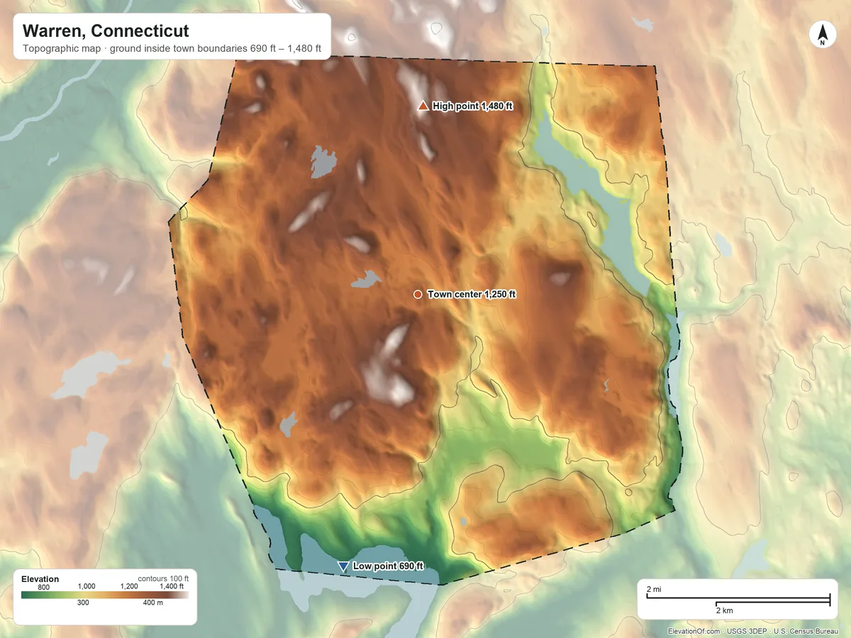 Topographic elevation map of Warren, Connecticut, shaded from 690 ft on the south side to 1,480 ft on the north side